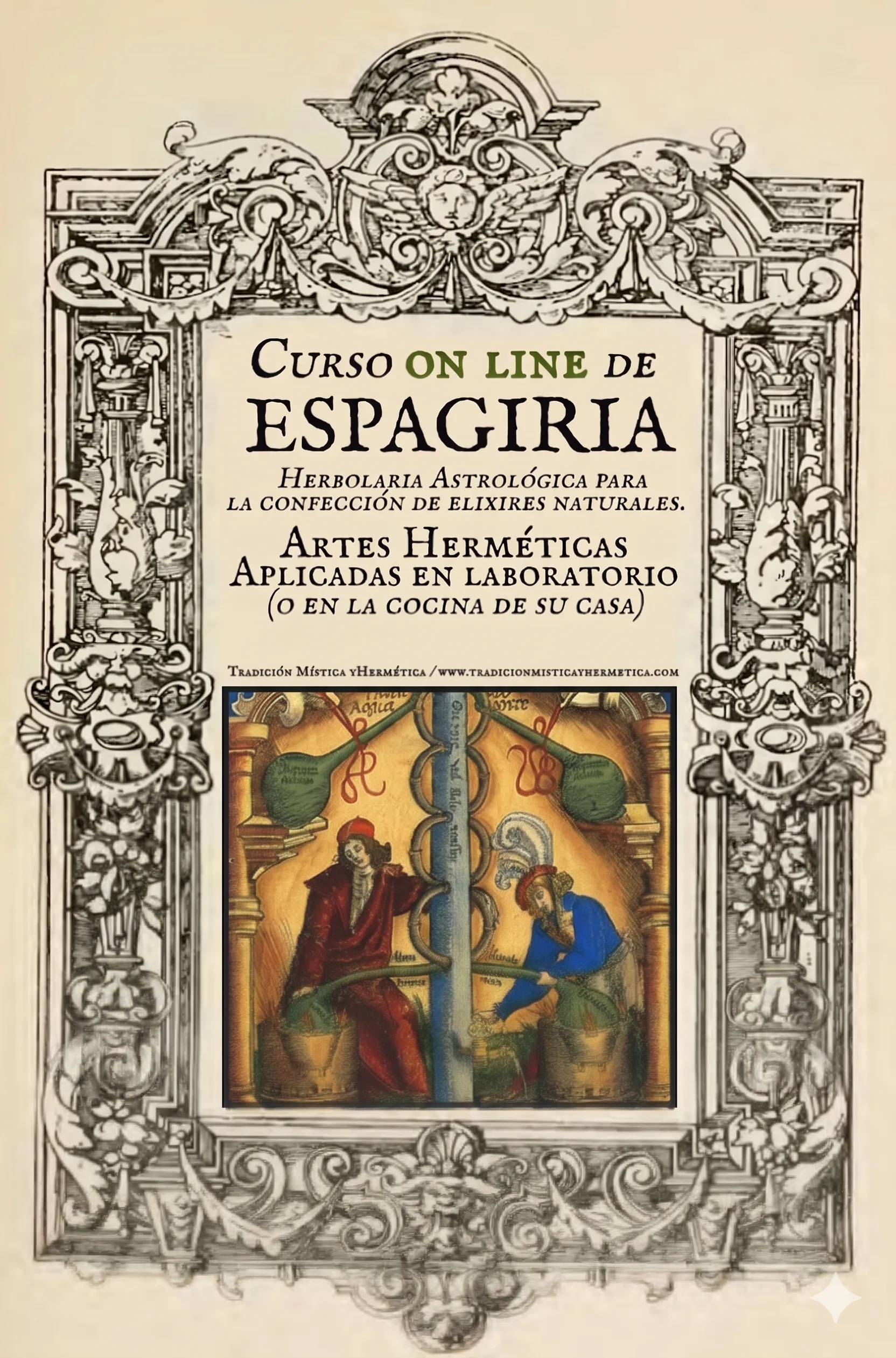 Afiche del Curso de Espagiria — Herbolaria astrológica para la confección de elixires naturales. Artes herméticas aplicadas en laboratorio.