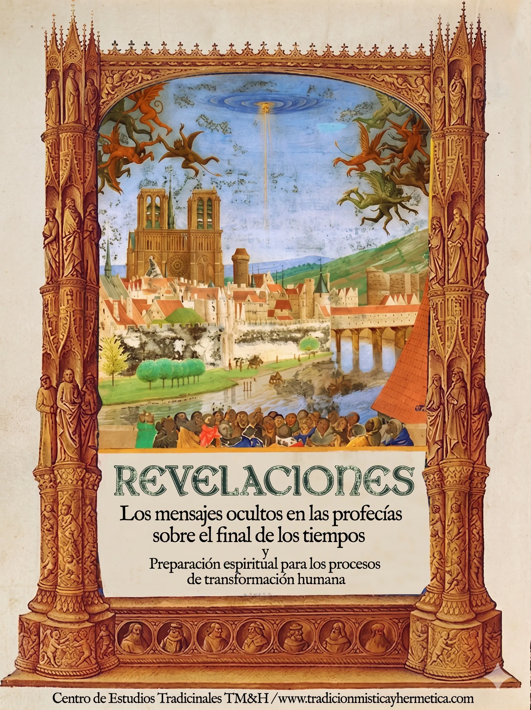 Afiche de Revelaciones — Los mensajes ocultos en las profecías sobre el final de los tiempos. Centro de Estudios Tradicionales TM&H.